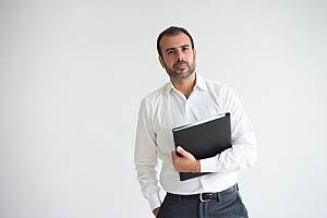 man holding black folder