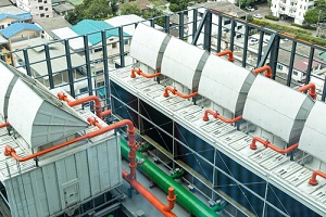 sets of cooling towers in data center building in compliance with local law 77
