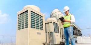engineer holding tablet is checking the cooling tower