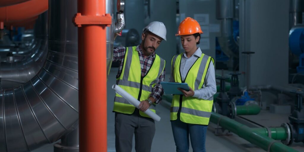 industrial engineers look at project blueprints while standing in chiller plant room
