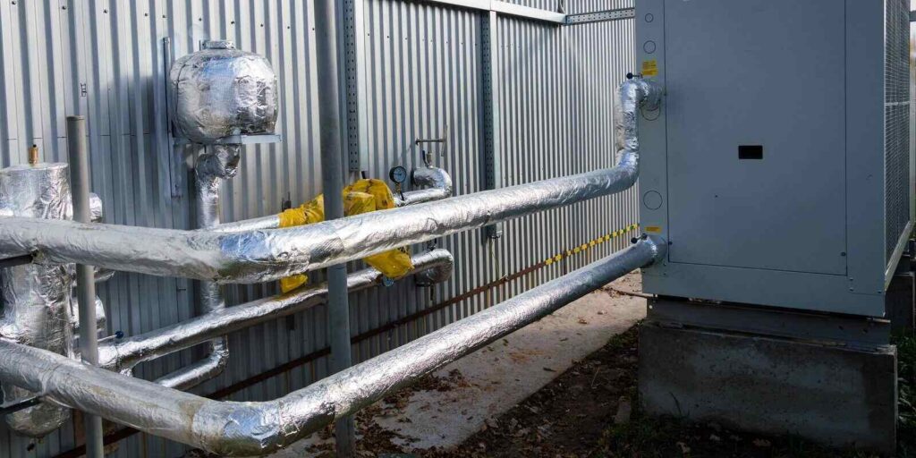 pipelines connected to the gray industrial cooling unit standing outdoor on the ground near to the modern fabrication building