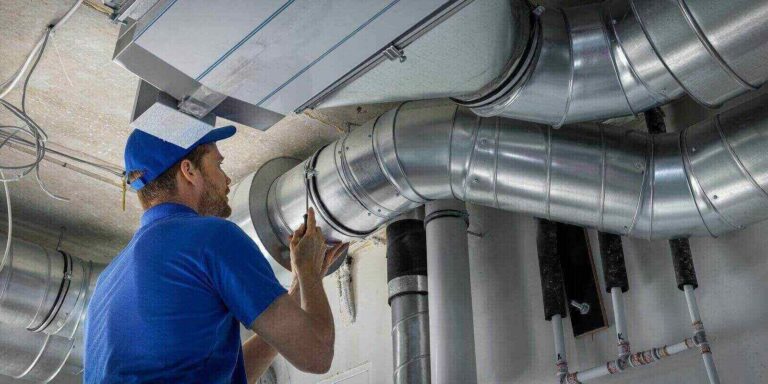 hvac worker install ducted pipe system for ventilation and air conditioning