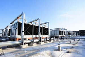 sets of cooling towers in data center building