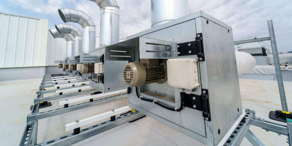 air conditioning system of a industrial building is located on the roof