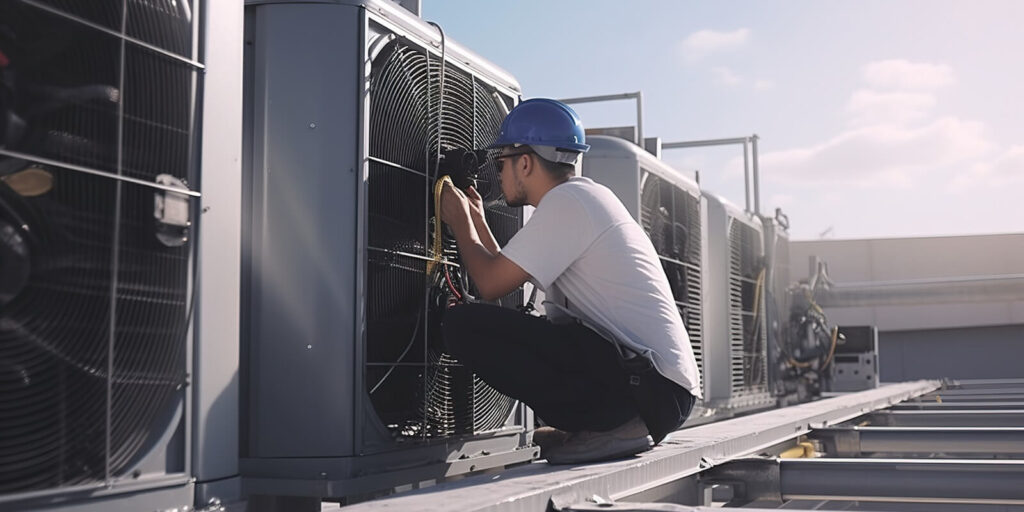 engineer under checking the industry cooling tower air conditioner