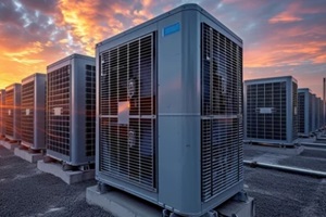 on the roof of an industrial building is an external unit for a commercial HVAC system