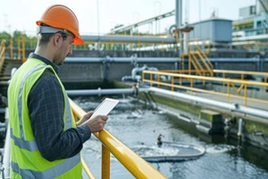 environmental engineer in a reflective vest inspecting a wastewater treatment plant with a digital tablet