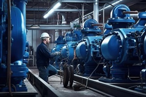 worker at a water supply station inspects water pump valves equipment in a substation for the distribution of clean water at a large industrial estate