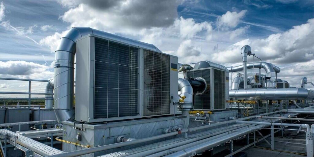 industrial air conditioning system with fans and ventilation ducts on a rooftop