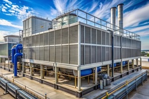 large industrial cooling tower with water chiller air conditioning unit installed on rooftop of massive factory building