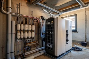 modern boiler room with water pump and pipes for heating system