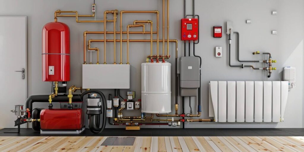 red and white boiler is installed in a room with a white wall