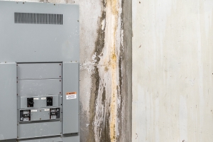 Active water leak stain on concrete wall in building service room. Electrical cabinets with splatters. Rough water damage stain with wet, brown and efflorescence areas. Scaly white buildup from salts.