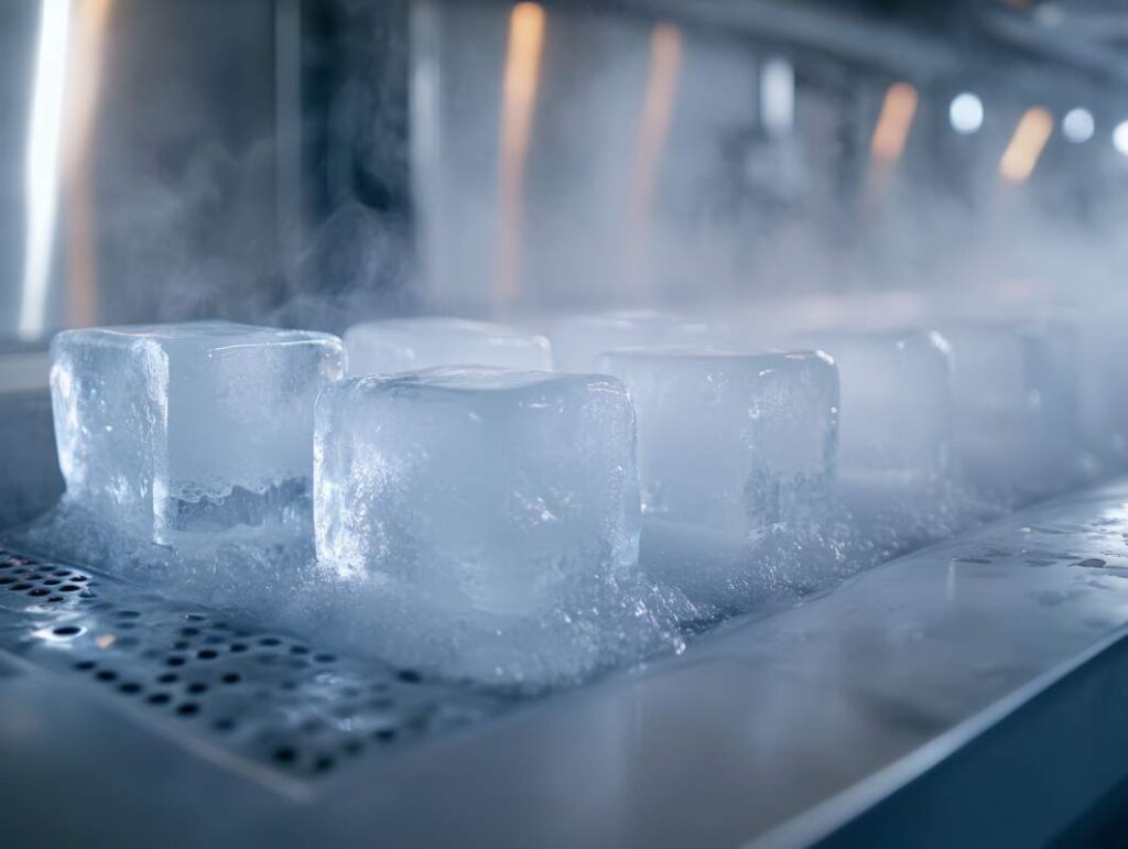 Ice Cube Production Line in High-Tech Facility Showcasing Automated Ice Making Process, Focus on Perfect Ice Cubes Emerging from Machine